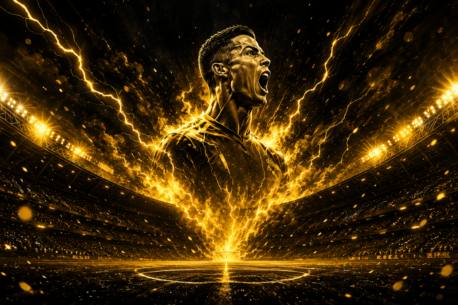 Cristiano Ronaldo screaming in a lightning-charged stadium